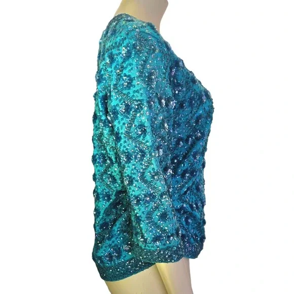 Vintage 60s Wool Beaded Sequin Sweater Back Zip Turquoise Silk-lined By Cavanagh